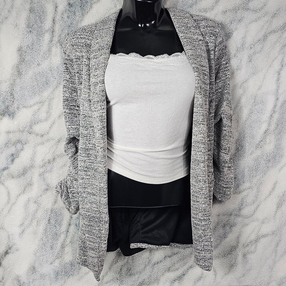 Fashion Nova 1X Ella Tweed Blazer Black White Textured Three Quarter Sleeve